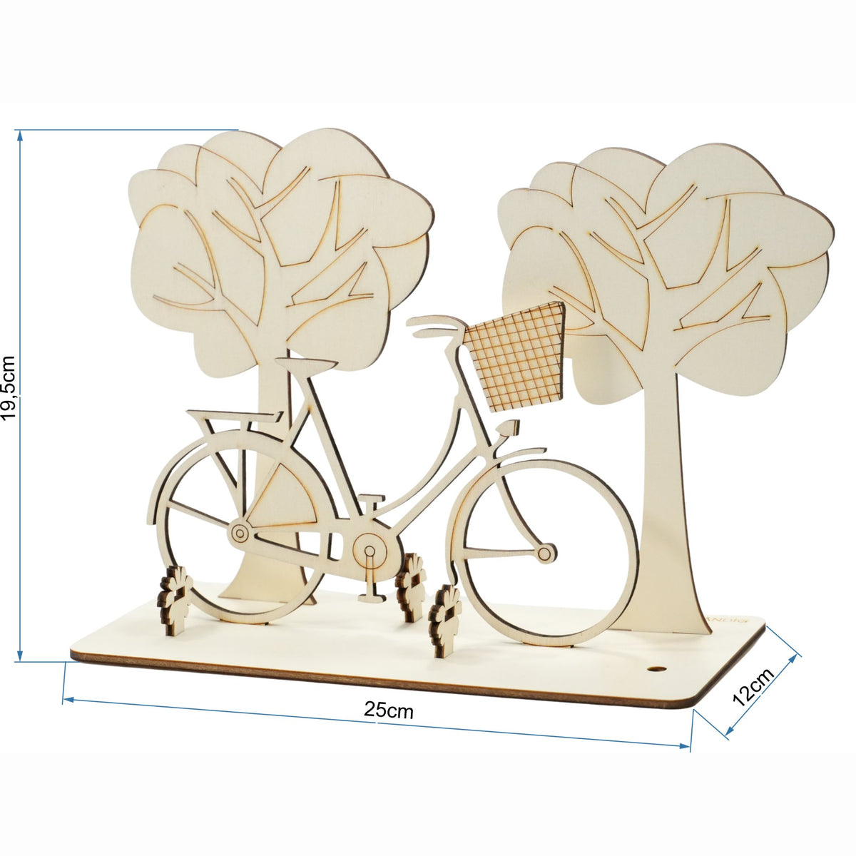 Holz-Fahrrad-Geldgeschenk mit Maßangaben: 25 cm breit, 19,5 cm hoch, 12 cm tief