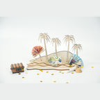 Insel-Geldgeschenk aus Holz mit Geldschein-Fächern, Schatztruhe, Muscheln und Goldkonfetti