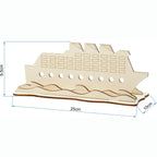 Holz-Kreuzfahrtschiff-Geldgeschenk mit Maßangaben: 25 cm breit, 9,5 cm hoch, 10 cm tief