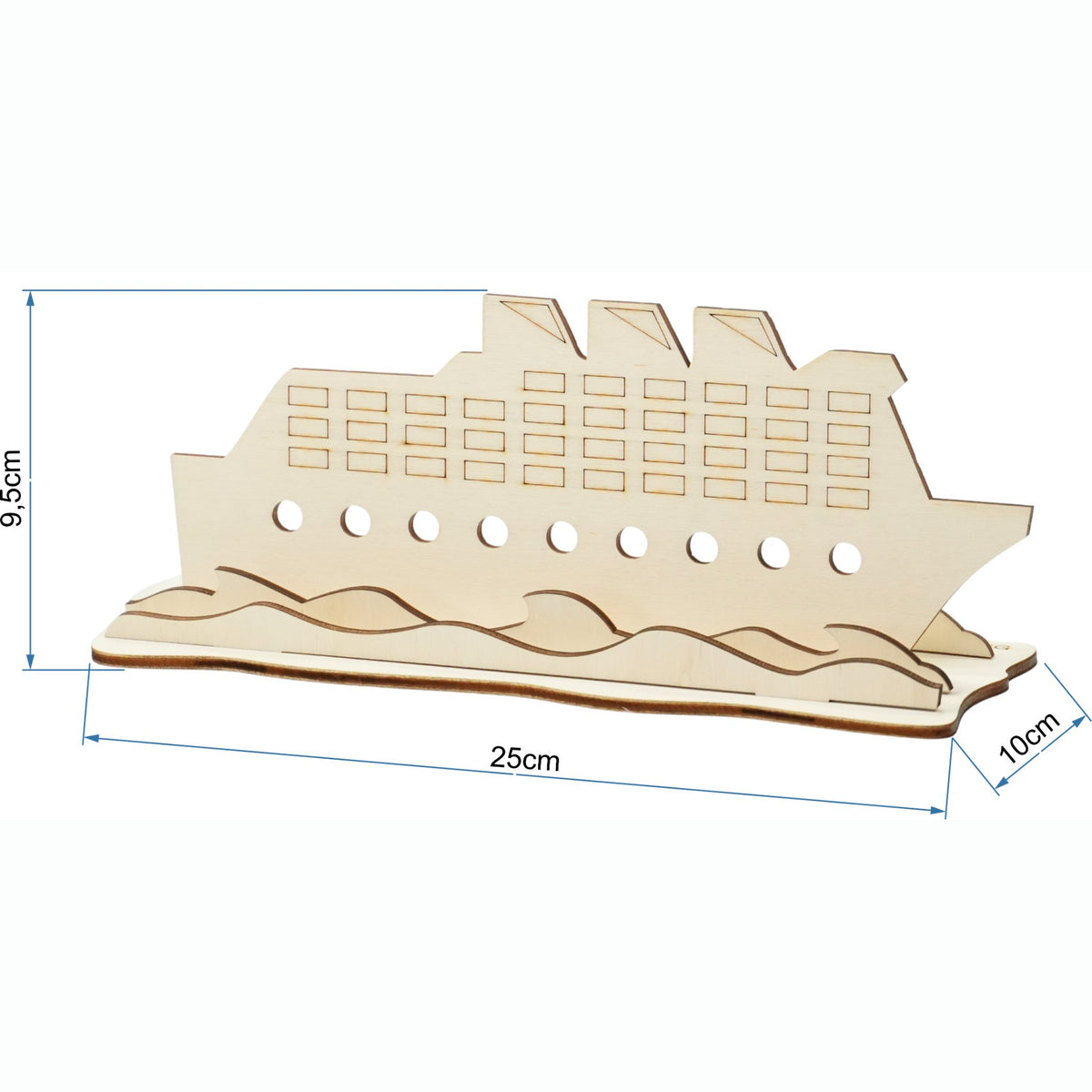 Holz-Kreuzfahrtschiff-Geldgeschenk mit Maßangaben: 25 cm breit, 9,5 cm hoch, 10 cm tief