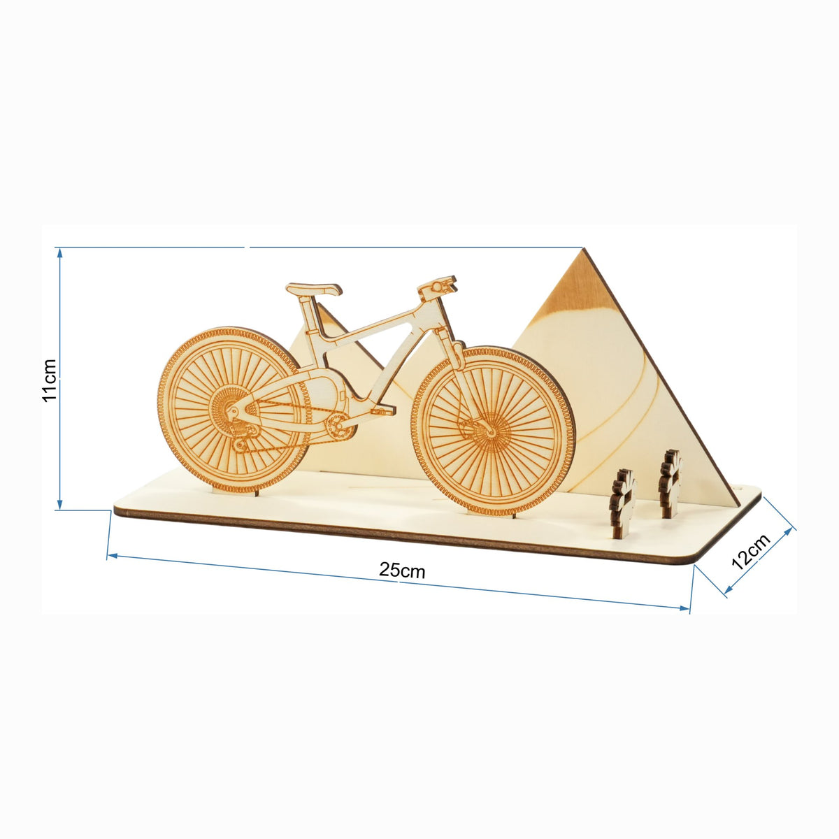 Holz-Mountainbike-Geldgeschenk mit Maßangaben: 25 cm breit, 11 cm hoch, 12 cm tief