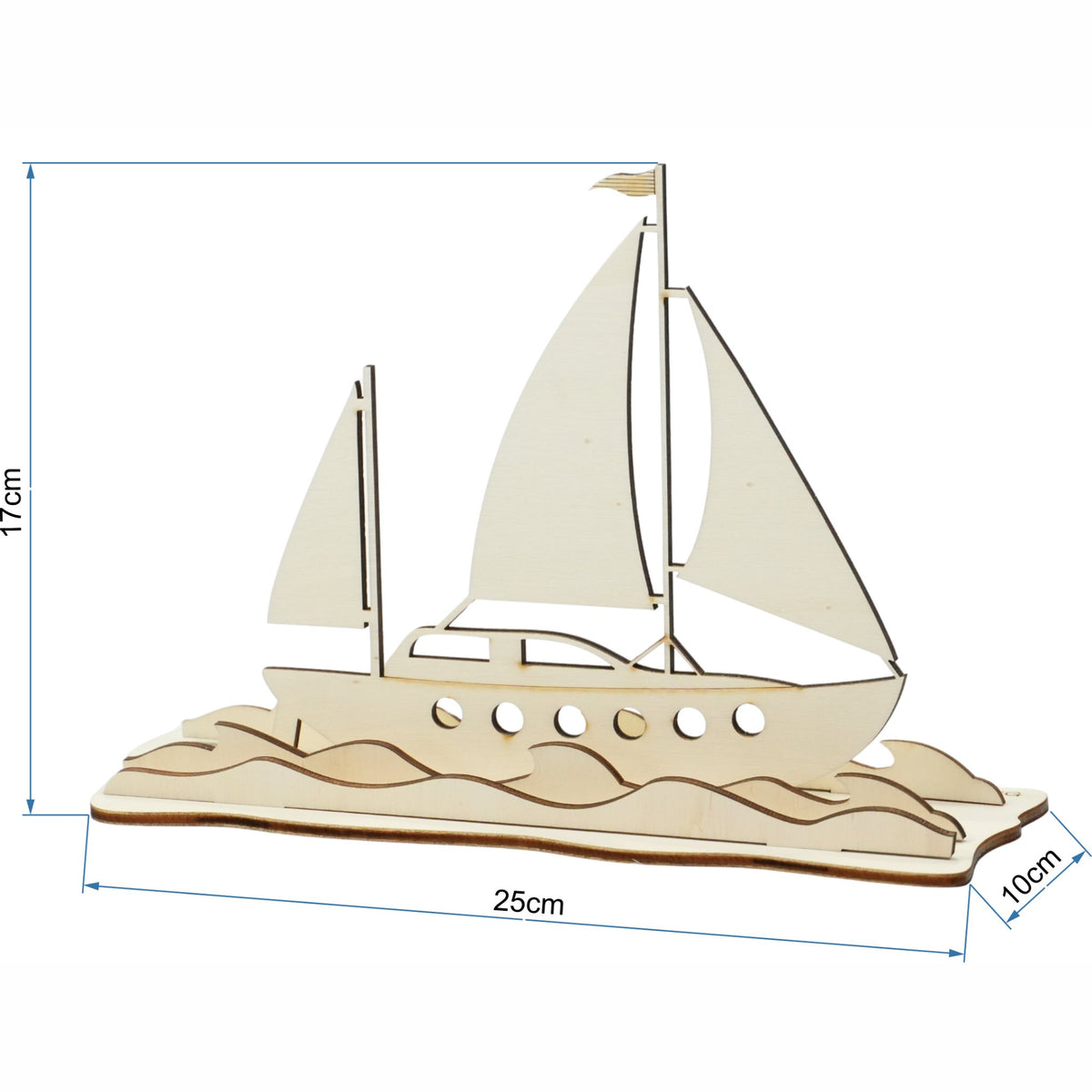 Holz-Segelboot-Geldgeschenk mit Maßangaben: 25 cm breit, 17 cm hoch, 10 cm tief
