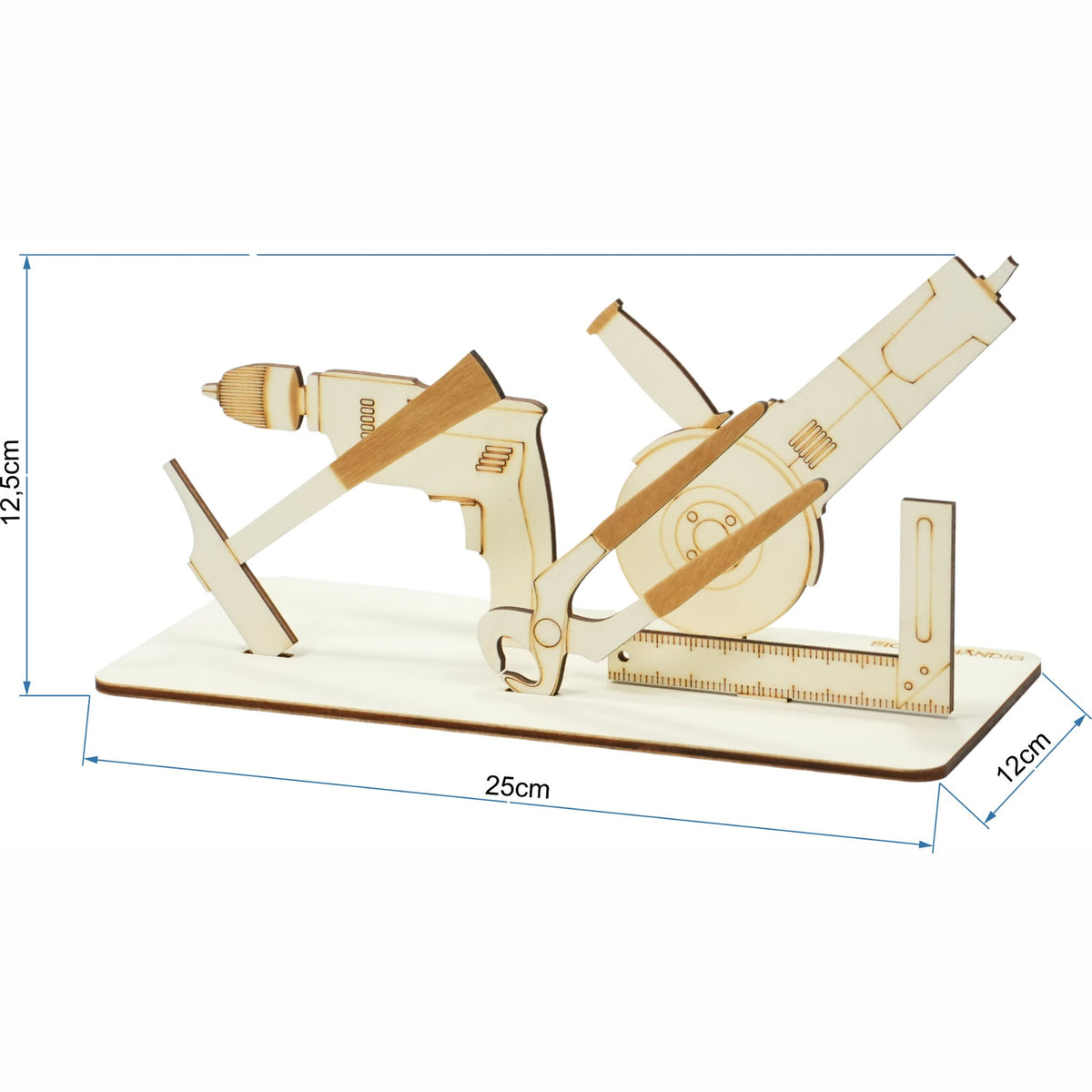 Holz-Werkzeug-Geldgeschenk mit Maßangaben: 25 cm breit, 12,5 cm hoch, 12 cm tief