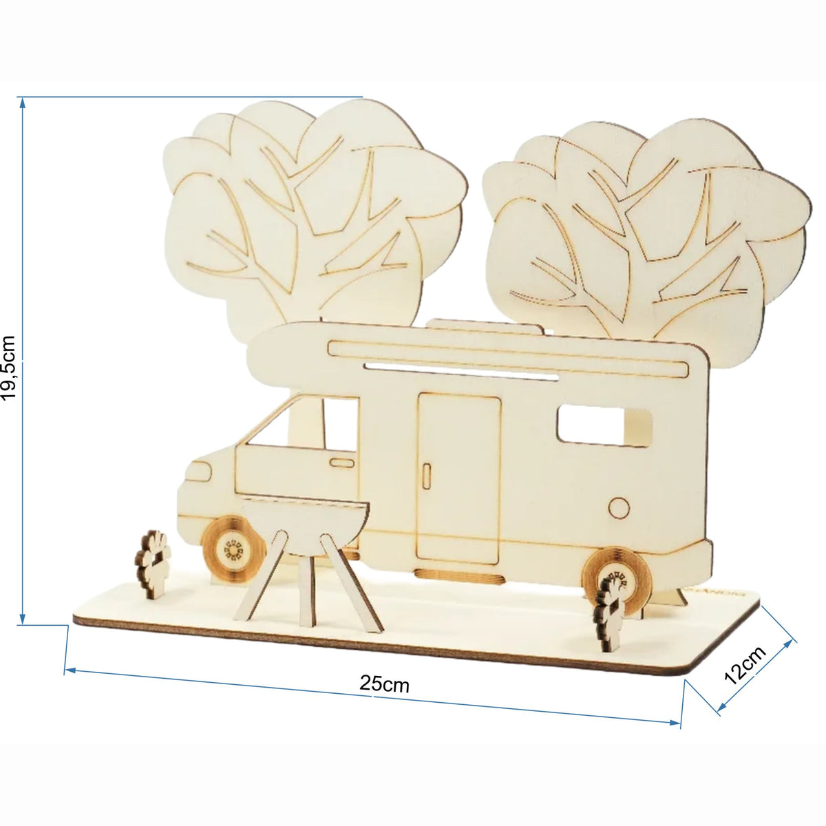 Holz-Wohnmobil-Geldgeschenk mit Maßangaben: 25 cm breit, 19,5 cm hoch, 12 cm tief