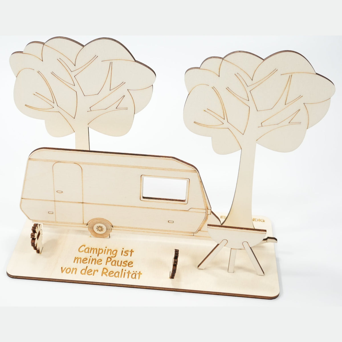 Holz-Wohnwagen-Geldgeschenk mit Gravur „Camping ist meine Pause von der Realität"