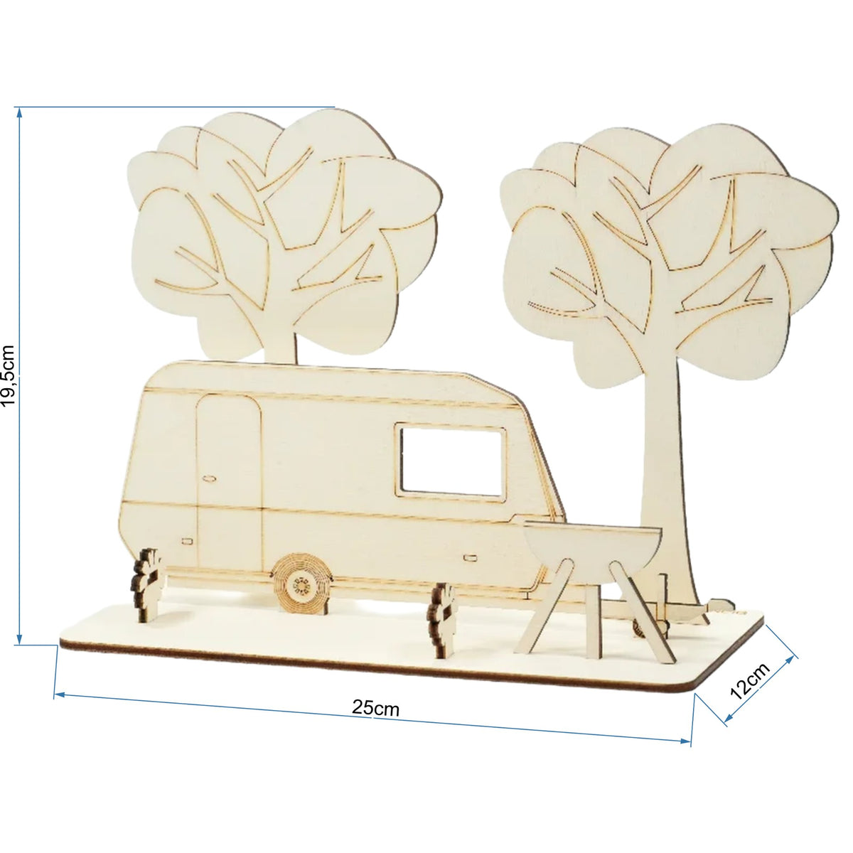 Holz-Wohnwagen-Geldgeschenk mit Maßangaben: 25 cm breit, 19,5 cm hoch, 12 cm tief